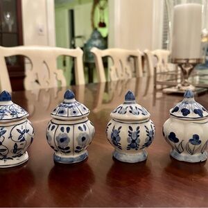 Set of Four Miniature Blue and White Ceramic Hand-painted Ginger Jars